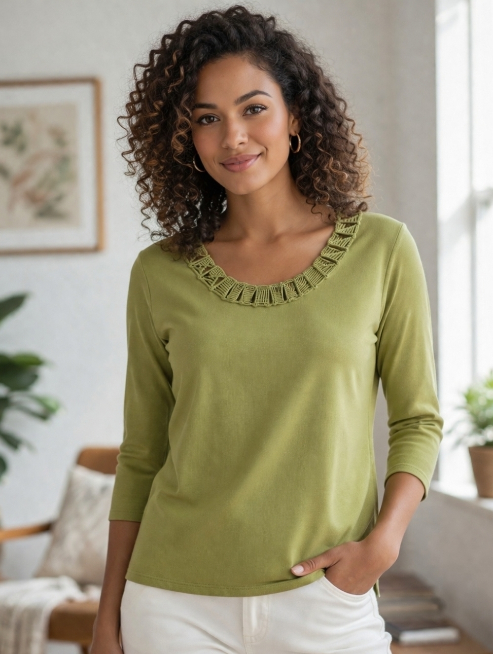 VTG Pink Poodle  Muted Lime Knit Top with Woven Detail Neckline